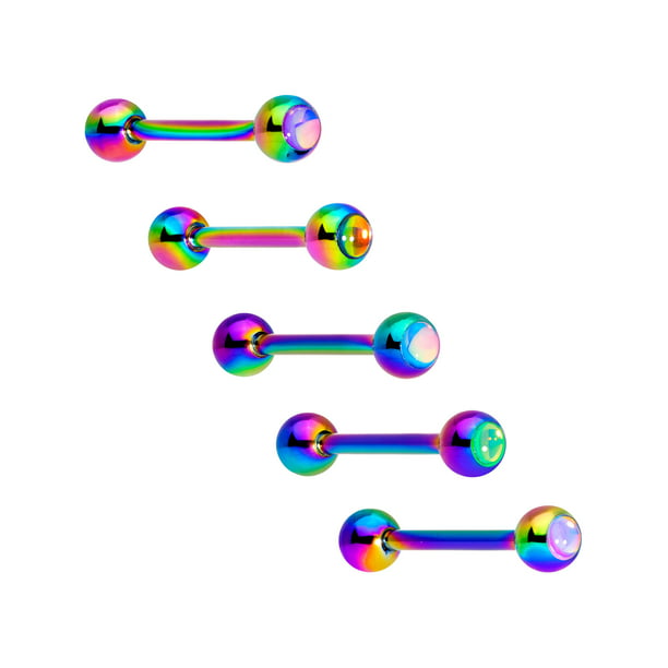 1.6mm 14 GA Colored IP Coated PVD Aurora Glass-Gem Ball 316L Surgical Steel Barbell Tongue Ring 